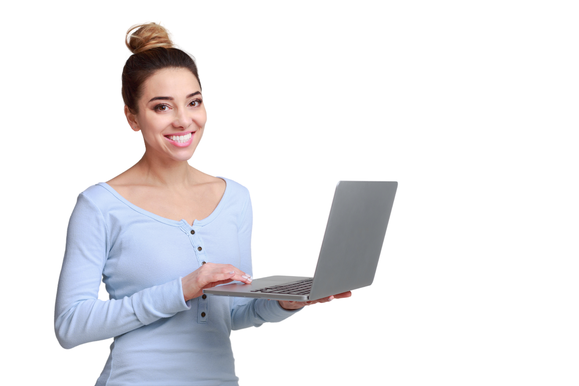Happy woman holding personal computer posing on camera